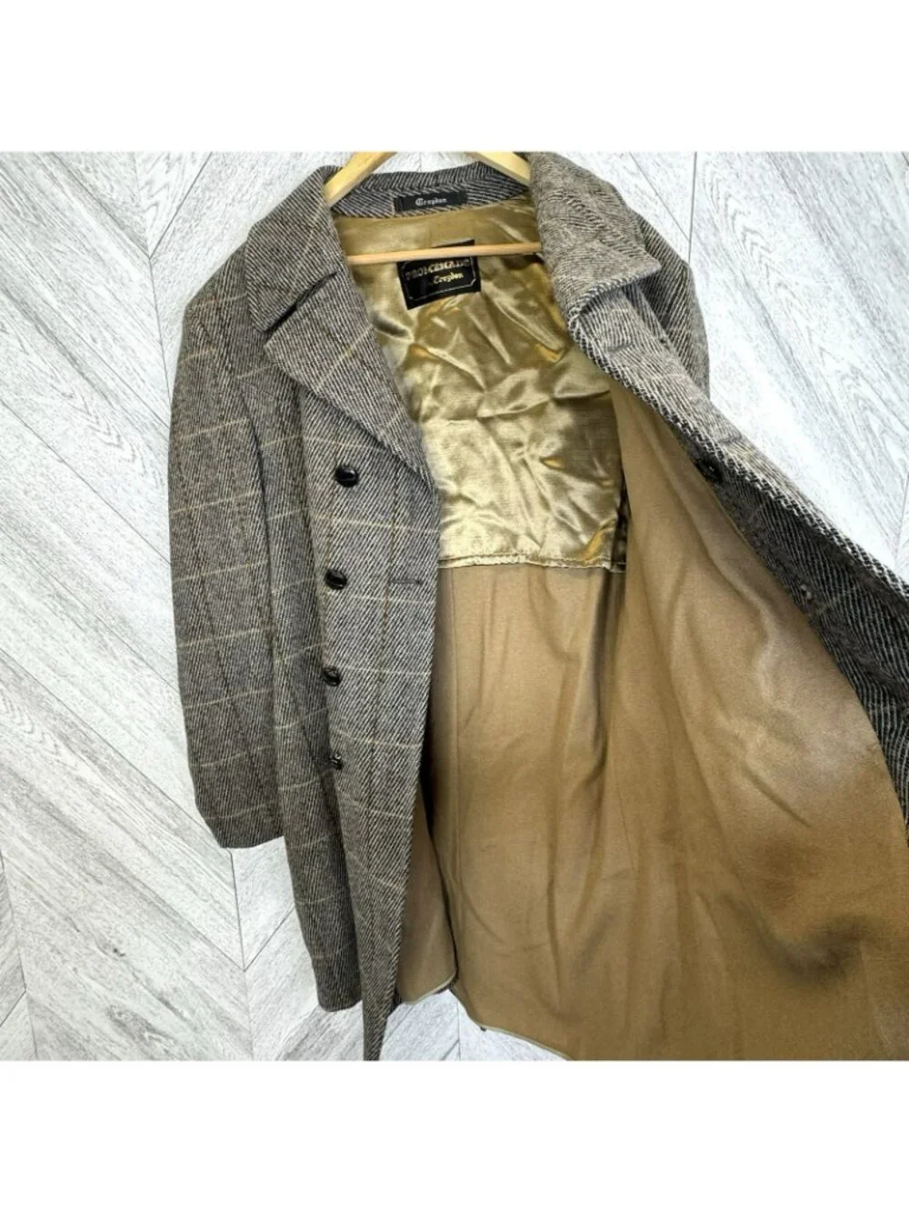 VTG 60s Croydon Promenade Tweed Wool Overcoat Mens L Double Breasted Windowpane